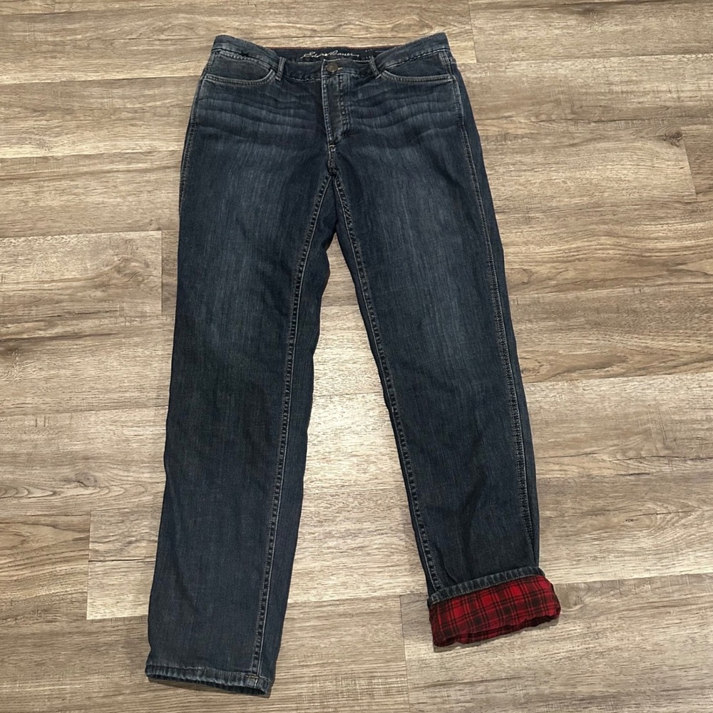 Eddie Bauer Flannel Lined Jeans Womens 10 Dark Wash Relaxed Straight Leg Plaid